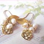 O' My Pearly Garden Earrings - 14K gold-plated, gold plated Leaf & Rose Charms, Fresh water pearls