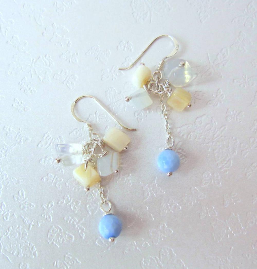 Fair Lady at the Beach Earrings - 925 Silver, Moonstone, Blue Agate, Shell Pearl