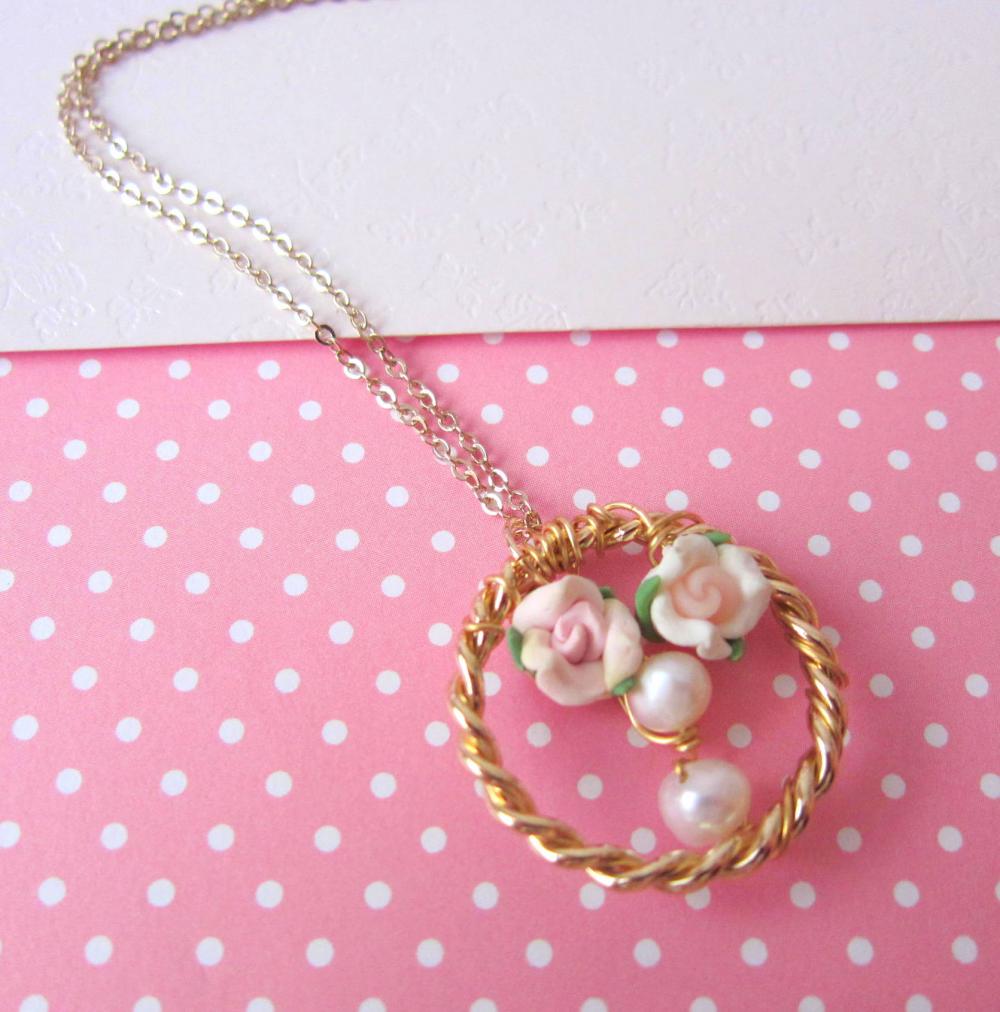 Lil' Ring of Garden Necklace - 14K gold, Gold-plated Ring pendant, Clay Rose, Freshwater Pearls
