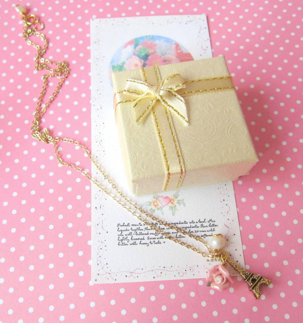 Amour Pour Eiffel Necklace - 14K Gold Plated, Pink Rose, Freshwater Pearl, Mini Eiffel Tower
