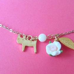 Kitty Loves Rose Bracelet - 14K gold-plated chain, Cat, Shell Pearl, Leaf & Rose