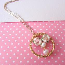 Lil' Ring of Garden Necklace - 14K gold, Gold-plated Ring pendant, Clay Rose, Freshwater Pearls