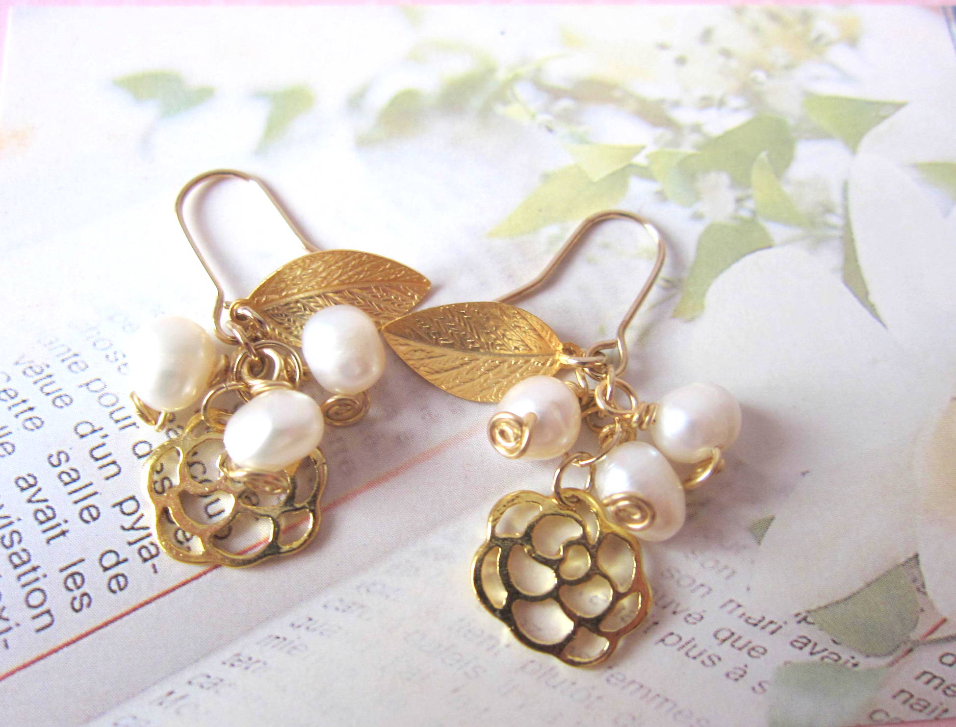 O' My Pearly Garden Earrings 14K Goldplated, Gold Plated Leaf & Rose